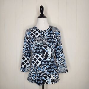 J. McLaughlin Blue & Black Coral / Bamboo Print Catalina Signature Tee Shirt